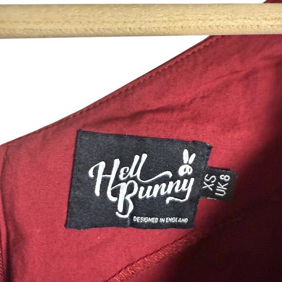 Hell Bunny Petunia Burgundy Red V-Neck Cap Sleeve Pinup Retro Top Size XS - Picture 6 of 9